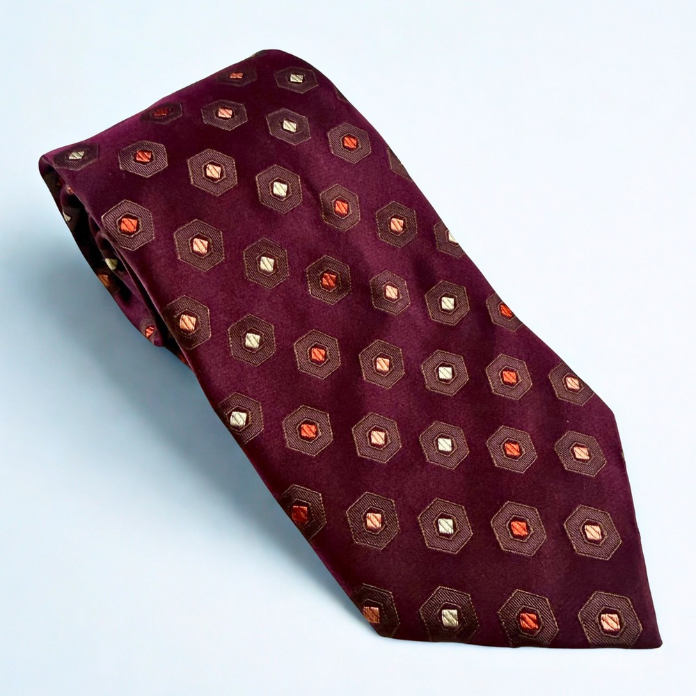 Canali Silk Tie Mens One Size Burgundy Geometric Hexagon‎ Made in Italy Luxury